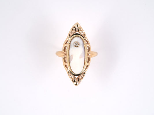902133 - SOLD - Gold Diamond Pink And White Shell Cameo Scroll Dinner Ring