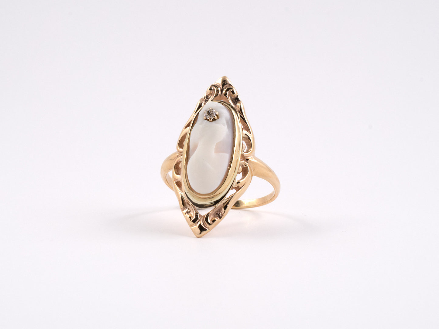 902133 - SOLD - Gold Diamond Pink And White Shell Cameo Scroll Dinner Ring