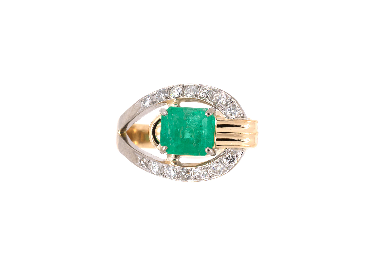 902135 - SOLD - Platinum Gold Emerald Diamond Buckle Cocktail Ring
