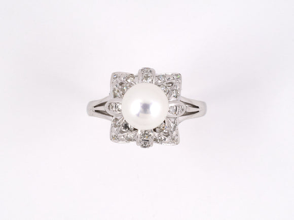 902136 - SOLD - Gold Pearl Diamond Square Shaped Cluster Ring