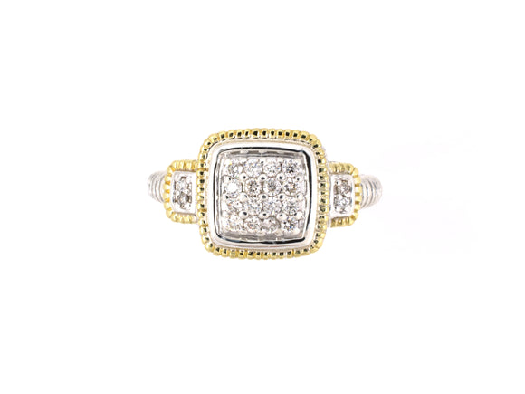 902140 - SOLD - Judith Ripka Sterling Silver Gold Rope Border Diamond Square Cluster Ring