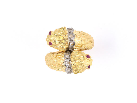 902142 - SOLD - Lalaounis Greece Gold Rose Cut Diamond Ruby Twin Lions Head By Pass Ring