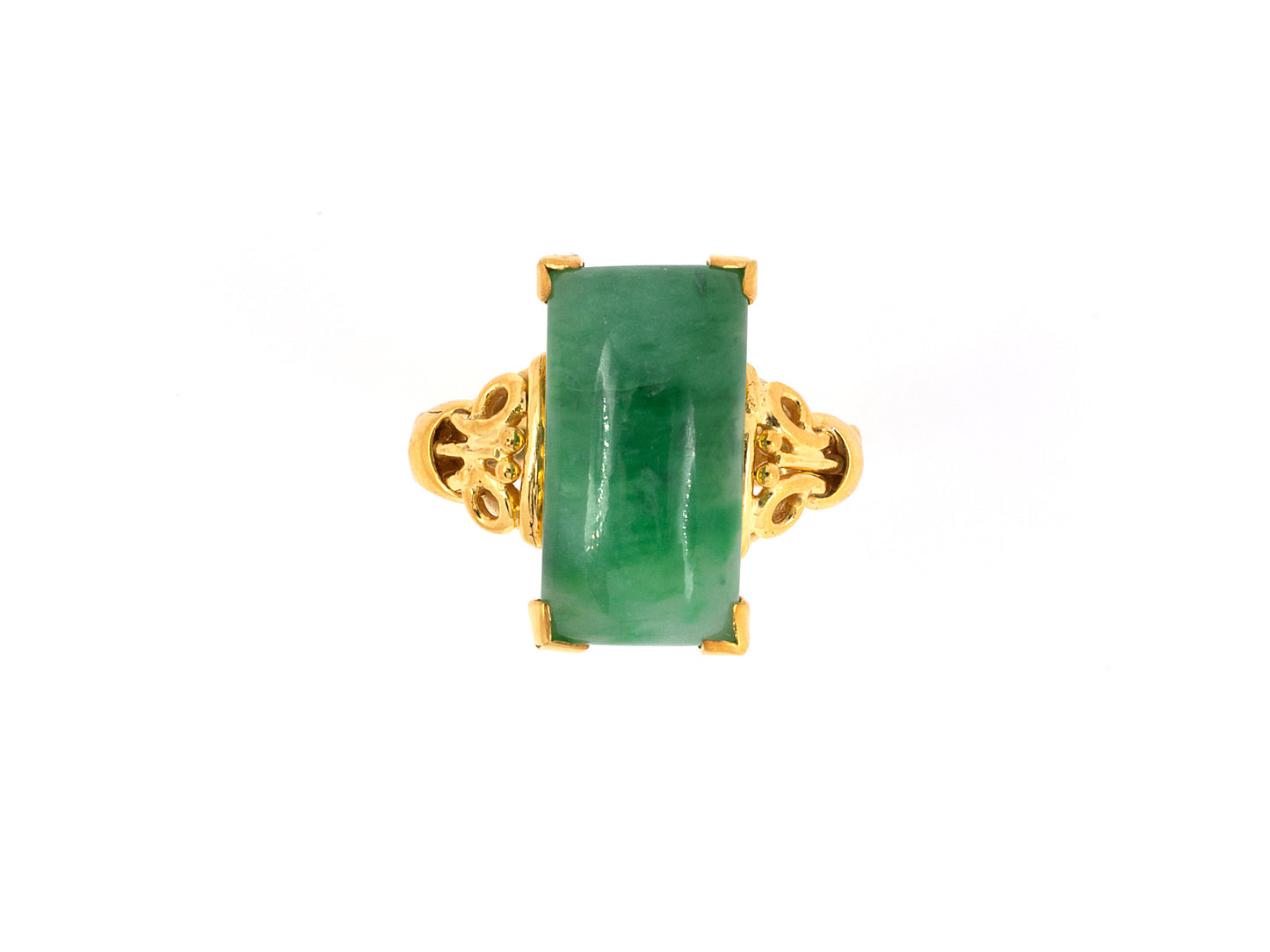 902145 - SOLD - Gold Rectangular Jadeite Scroll Design Shoulders Ring