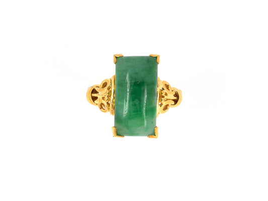 902145 - SOLD - Gold Rectangular Jadeite Scroll Design Shoulders Ring