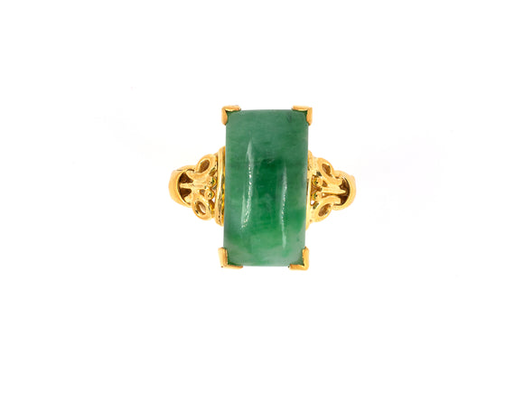 902145 - Gold Rectangular Jadeite Scroll Design Shoulders Ring