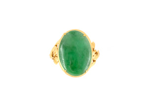 902147 - SOLD - Gold Oval Jadeite Open Swirl Design Shoulder Ring