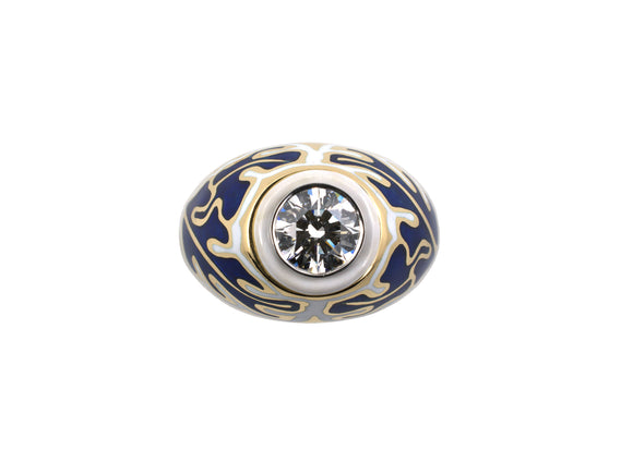 902215 - Gold Platinum GIA Diamond Blue White Enamel Ring