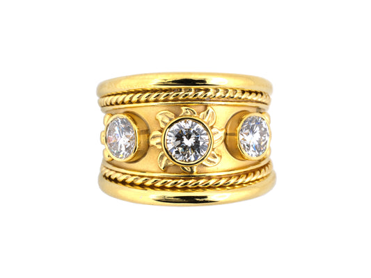 902238 - SOLD - Gold Diamond Sunburst Motif 3 Stone Ring