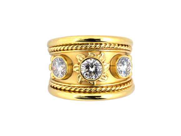 902238 - Gold Diamond Sunburst Motif 3 Stone Ring