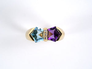 902243 - Gold Diamond Amethyst Aqua 2-Stone Ring