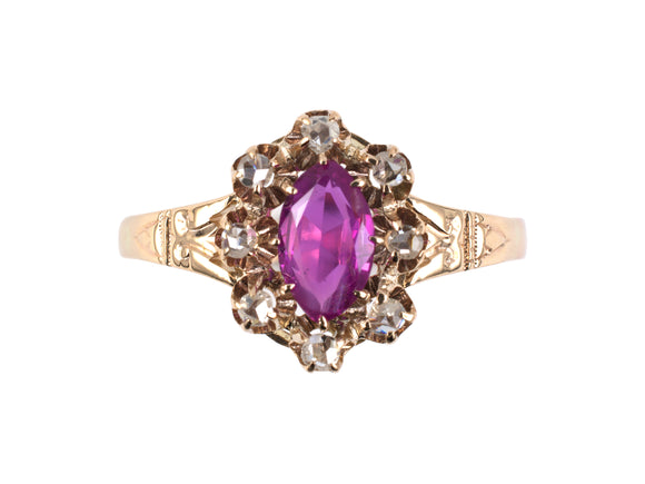 902250 - Victorian Gold Burma Ruby Diamond Cluster Cocktail Ring