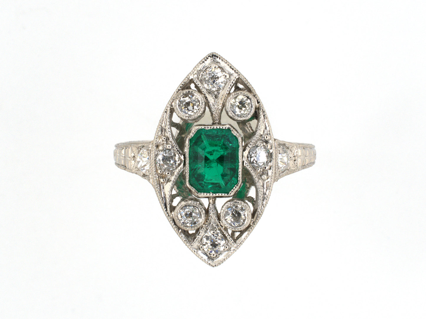 902270 - SOLD - Art Deco Platinum Emerald Diamond Navette Shaped Cocktail Ring