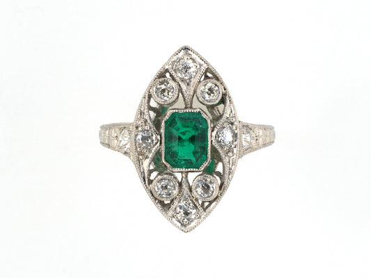 902270 - SOLD - Art Deco Platinum Emerald Diamond Navette Shaped Cocktail Ring