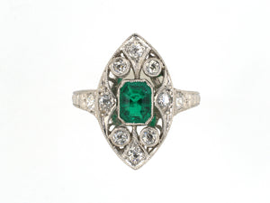 902270 - Art Deco Platinum Emerald Diamond Navette Shape Cocktail Ring