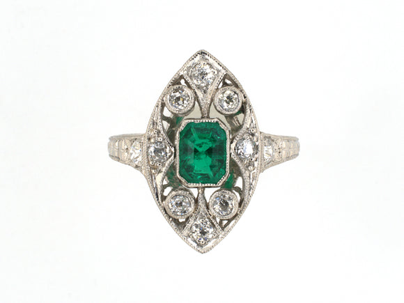 902270 - Art Deco Platinum Emerald Diamond Navette Shape Cocktail Ring