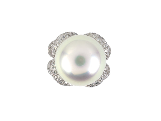 902275 - Gold Diamond South Sea Button Pearl Pave Set Cocktail Ring