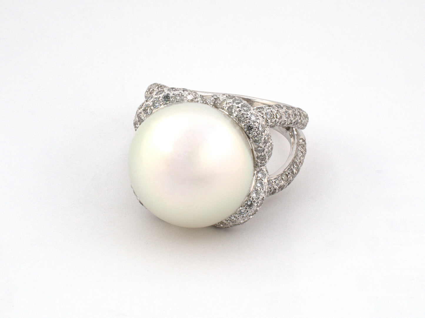 902275 - Gold Diamond South Sea Button Pearl Pave Set Cocktail Ring