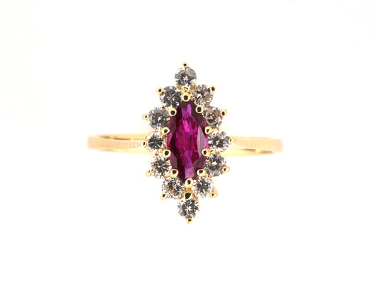 902278 - SOLD - Gold Ruby Diamond Tapered Cluster Cocktail Ring