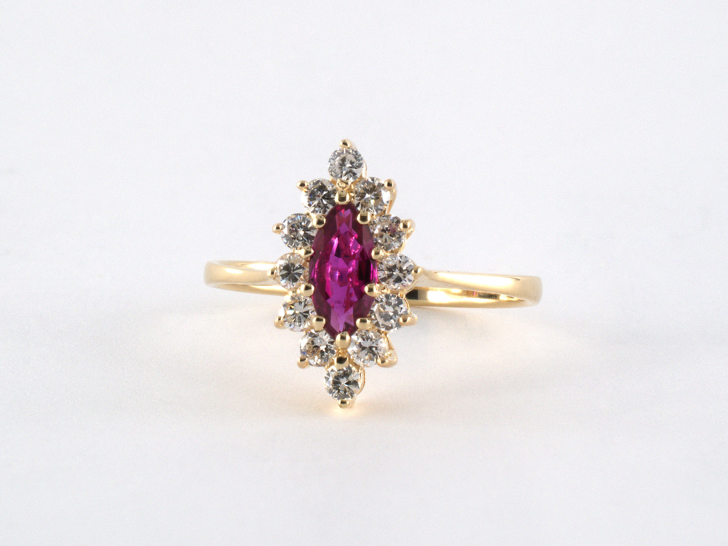 902278 - SOLD - Gold Ruby Diamond Tapered Cluster Cocktail Ring