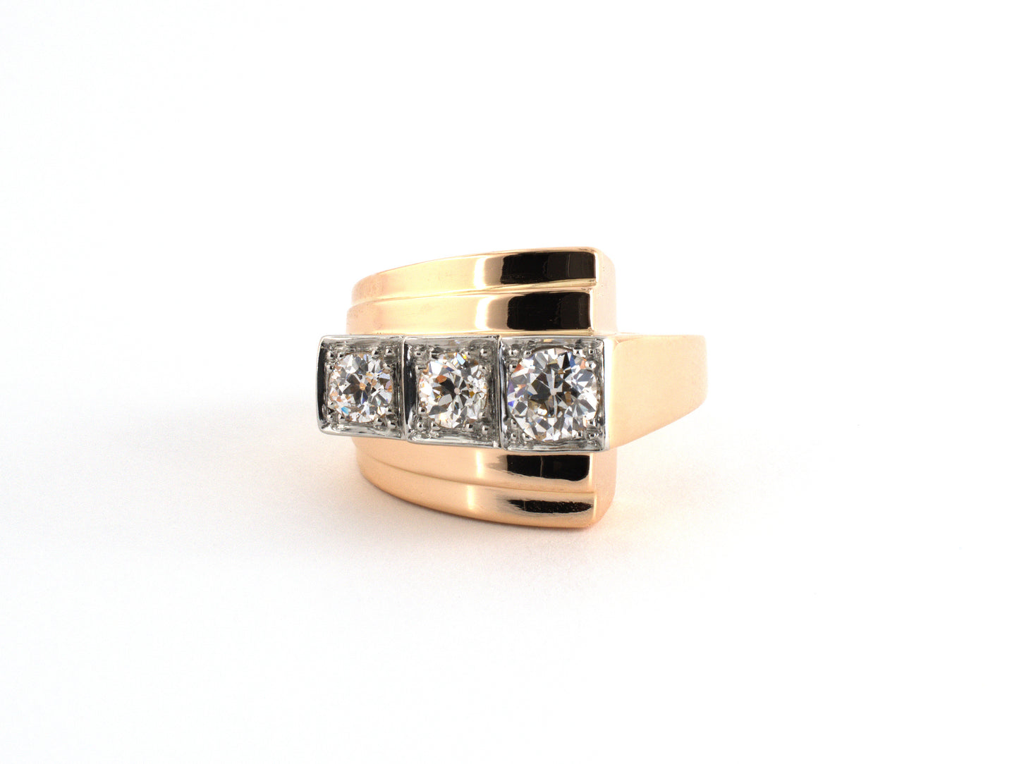 902287 - French Retro Gold Platinum Diamond Stepped Shoulder Ring