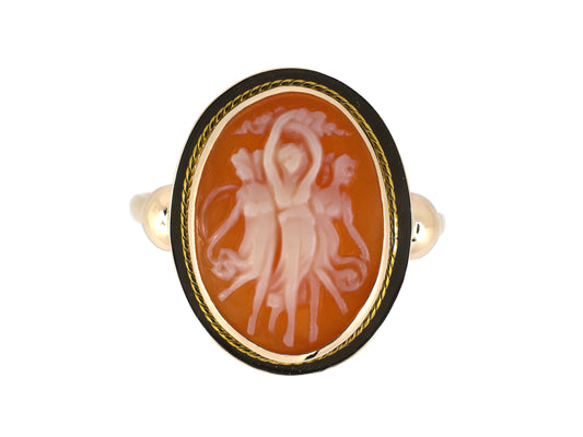 902288 - SOLD - Circa 1950s Gold Shell Cameo Ladies Dancing w/ Rope Border Ring