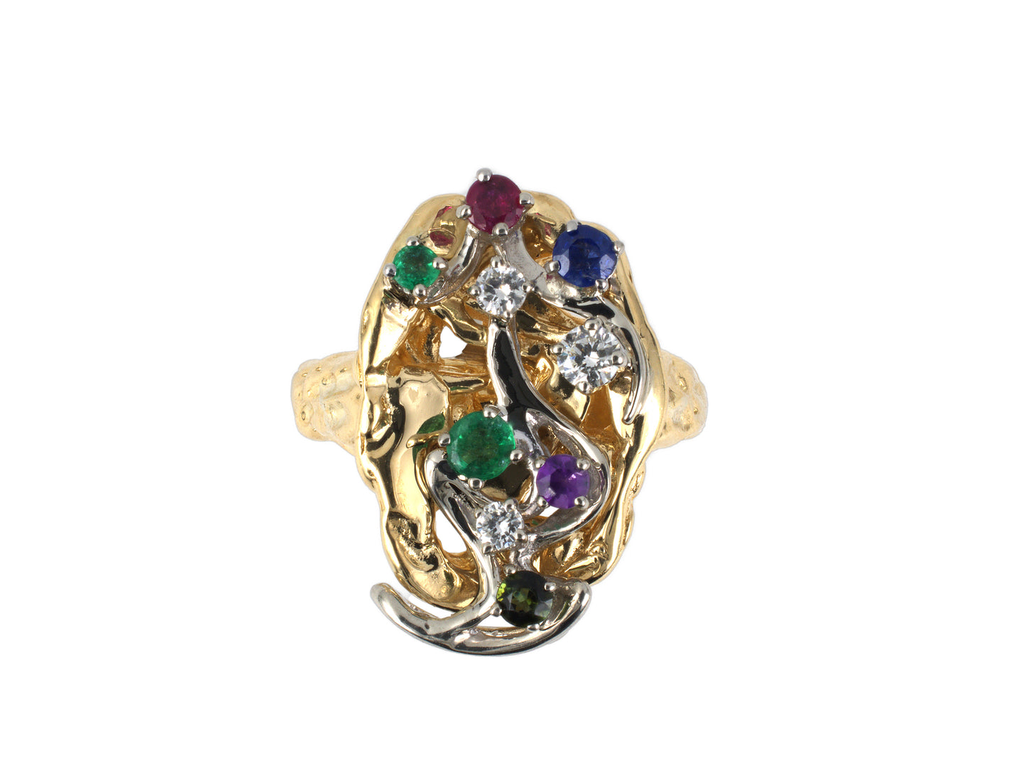 902290 - Circa 1970s Peter Lindeman Gold Diamond Emerald Amethyst Ruby Sapphire Green Tourmaline "D.E.A.R.E.S.T." Acrostic Floral Ring-Dant