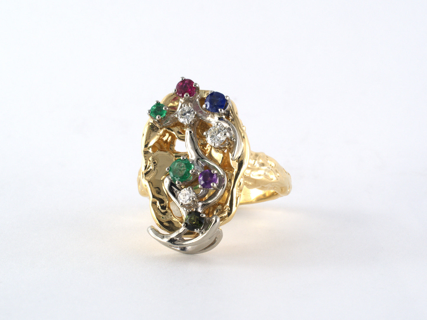 902290 - Circa 1970s Peter Lindeman Gold Diamond Emerald Amethyst Ruby Sapphire Green Tourmaline "D.E.A.R.E.S.T." Acrostic Floral Ring-Dant