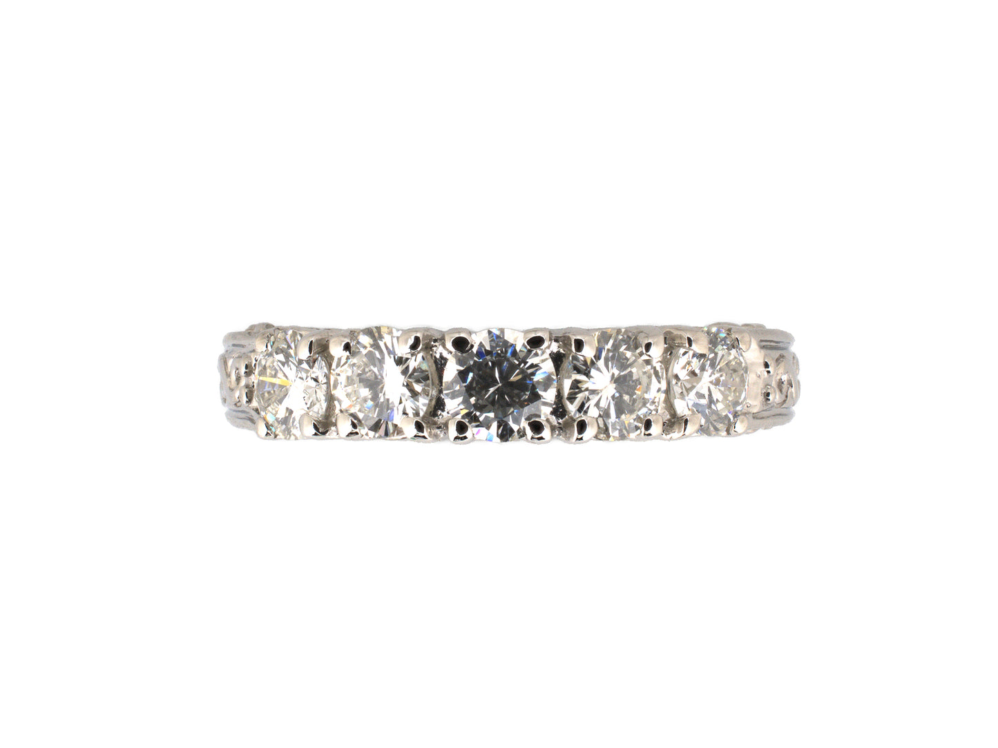 902293 - SOLD - Platinum Diamond Carved Sides 5-Stone Wedding-Band Ring