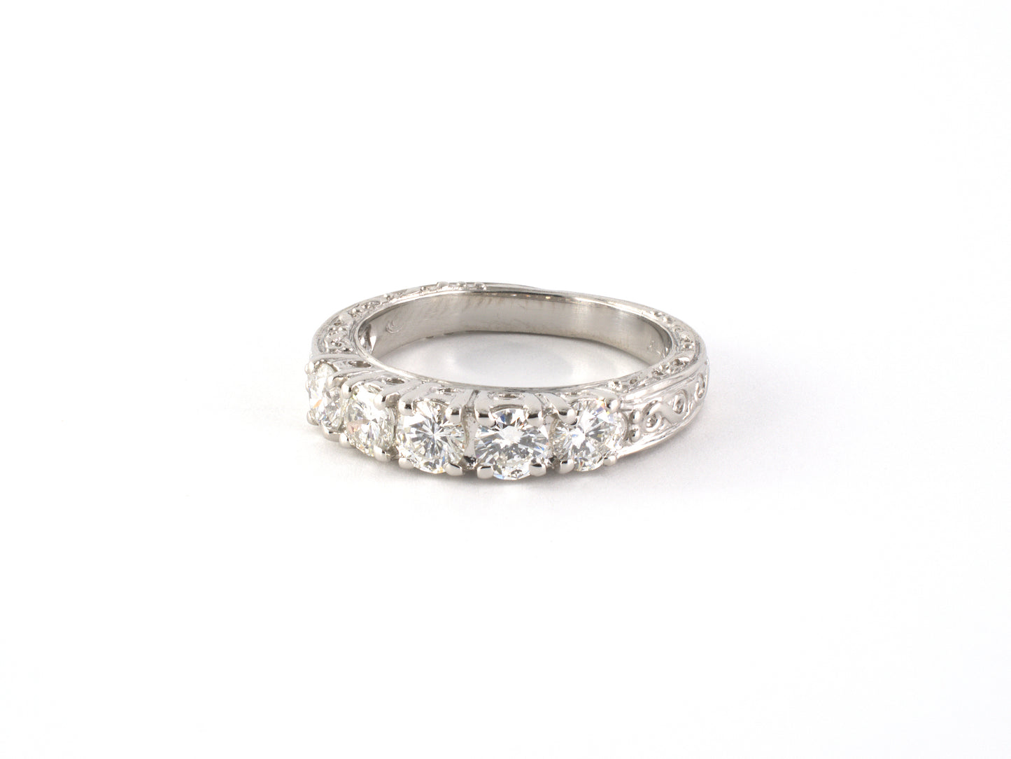 902293 - SOLD - Platinum Diamond Carved Sides 5-Stone Wedding-Band Ring
