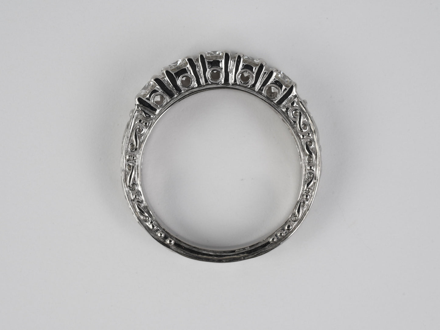 902293 - SOLD - Platinum Diamond Carved Sides 5-Stone Wedding-Band Ring