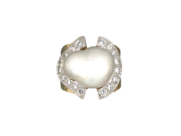 902299 - Webb Gold Platinum Baroque Pearl Diamond Hammered Finish Cocktail Ring