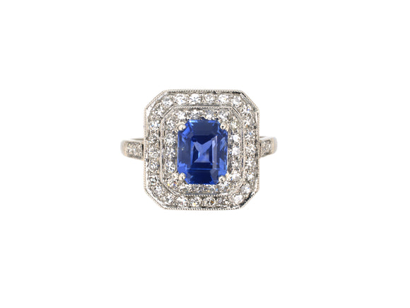 902301 - Art Deco Platinum Diamond AGL Sapphire Square Tiered Cluster Ring