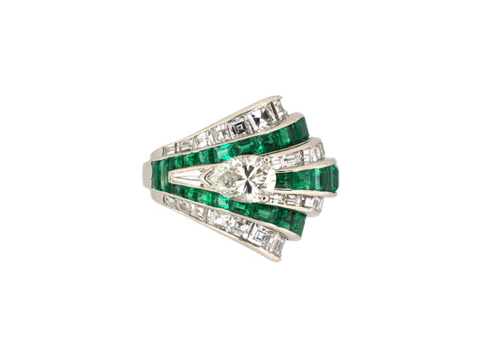 902313 - Circa 1940s Oscar Heyman Platinum Diamond Emerald Spray Wave Cocktail Ring