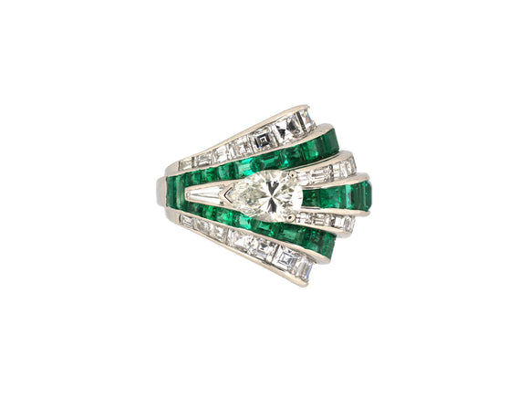 902313 - Circa 1940s Oscar Heyman Platinum Diamond Emerald Spray Wave Cocktail Ring