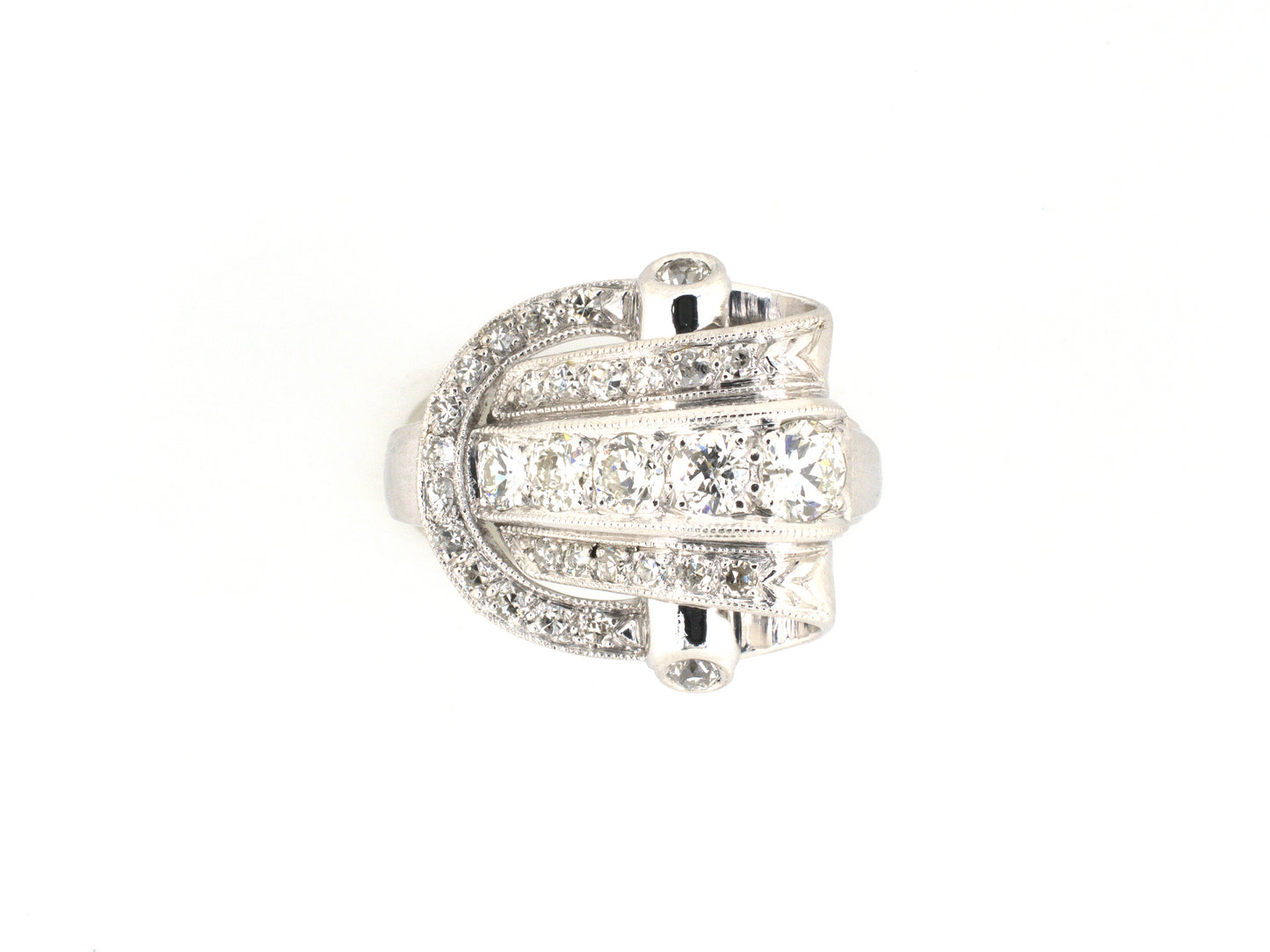 902315 - Retro Palladium Diamond Ribbon Buckle Cocktail Ring