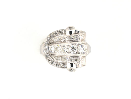902315 - Retro Palladium Diamond Ribbon Buckle Cocktail Ring