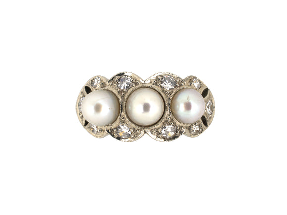 902316 - Art Deco Gold GIA Natural Pearl Diamond 3 Stone Princess Ring