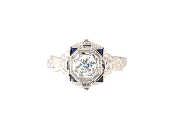 902321 - Art Deco Gold Diamond Synthetic Sapphire Octagonal Engagement Ring