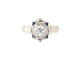 902321 - Art Deco Gold Diamond Synthetic Sapphire Octagonal Engagement Ring