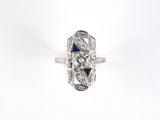 902322 - Art Deco Gold Platinum Diamond Synthetic Sapphire Carved Open Work Dinner Ring