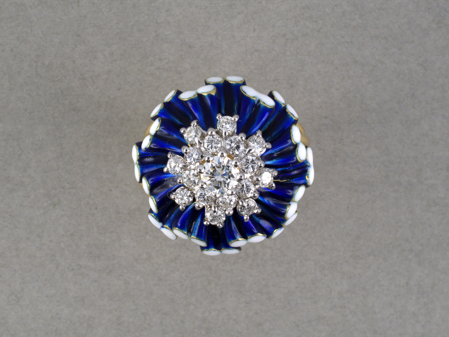 902338 - Circa 1970 Gold Diamond Blue & White Floral Enamel Tiered Cocktail Ring