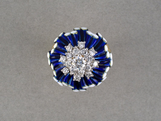 902338 - Circa 1970 Gold Diamond Blue & White Floral Enamel Tiered Cocktail Ring