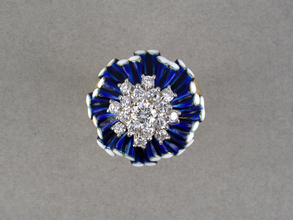 902338 - Circa 1970 Gold Diamond Blue & White Floral Enamel Tiered Cocktail Ring