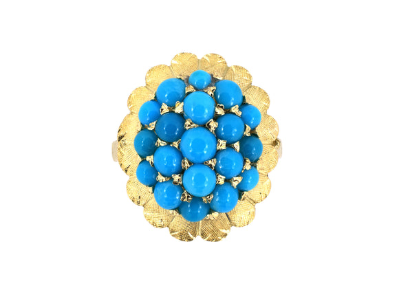 902340 - Circa 1960s Italy Gold Turquoise Florentined Oval Cluster Ring