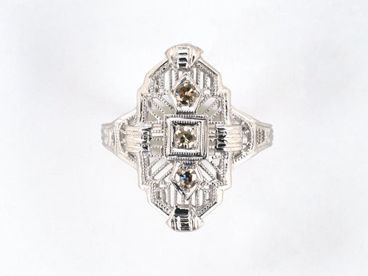 902345 - SOLD - 18K Wg Diamond Stamped Filigree 3-Stone Art Deco Dinner Ring Size 5 L Vs