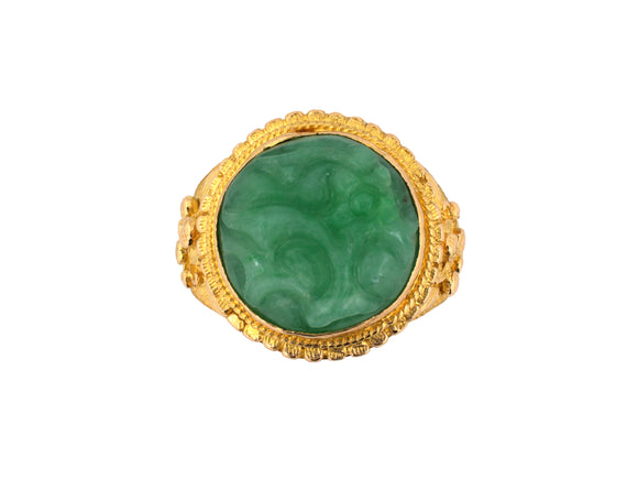 902349 - Gold Carved Circular Jadeite Floral Flower Ring