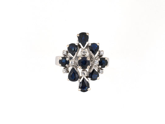 902350 - Gold Sapphire Diamond Tiered Geometric Cluster Ring