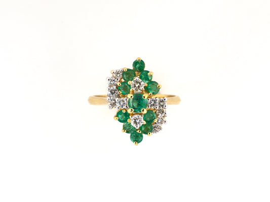 902354 - Circa 1980s Gold Emerald Diamond Tiered Cluster Cocktail Ring