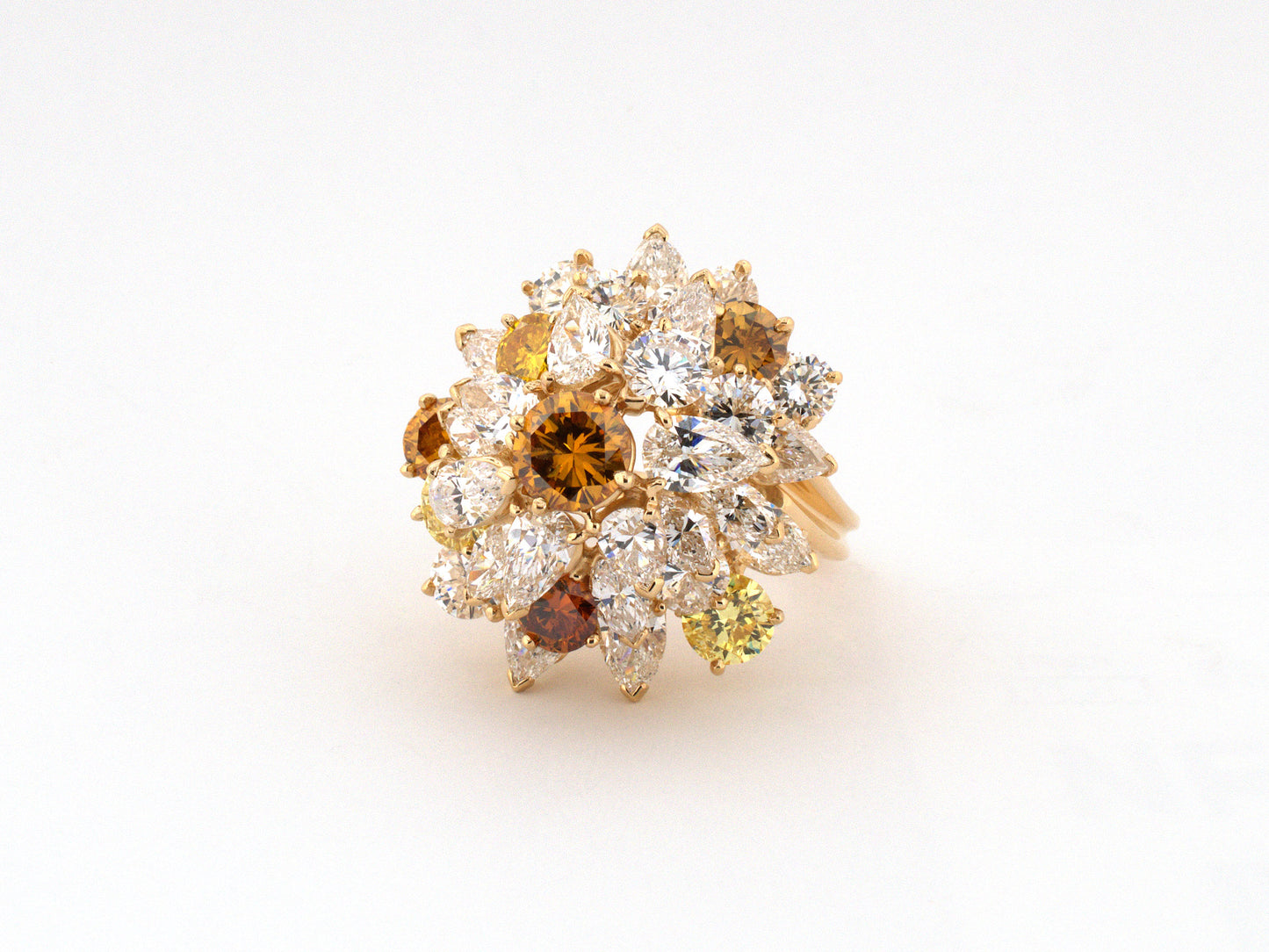 902359 - Circa 1969 Oscar Heyman Gold GIA Fancy Diamond Tiered Cluster Cocktail Ring