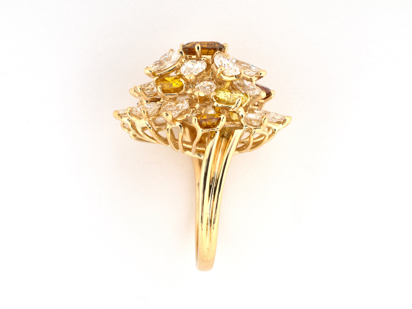 902359 - Circa 1969 Oscar Heyman Gold GIA Fancy Diamond Tiered Cluster Cocktail Ring